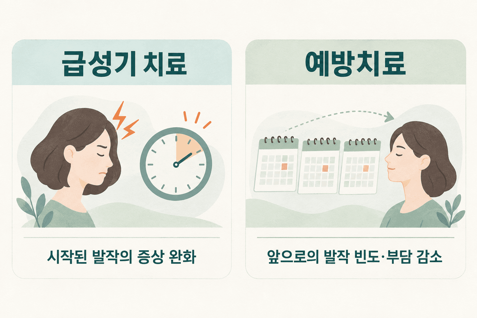 머리 옆 번개와 시계로 표현한 급성기 치료와 달력 세 장으로 표현한 예방치료 도식