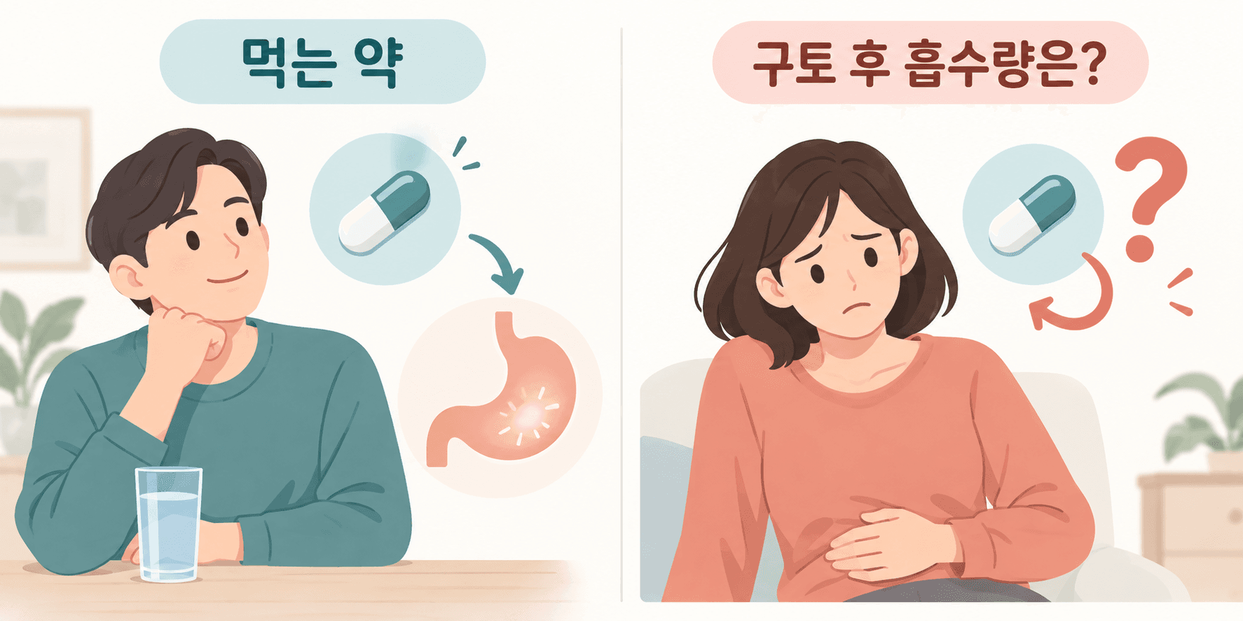 먹는 약과 위 모양, 구토 후 흡수량을 묻는 물음표를 나란히 배치한 그림